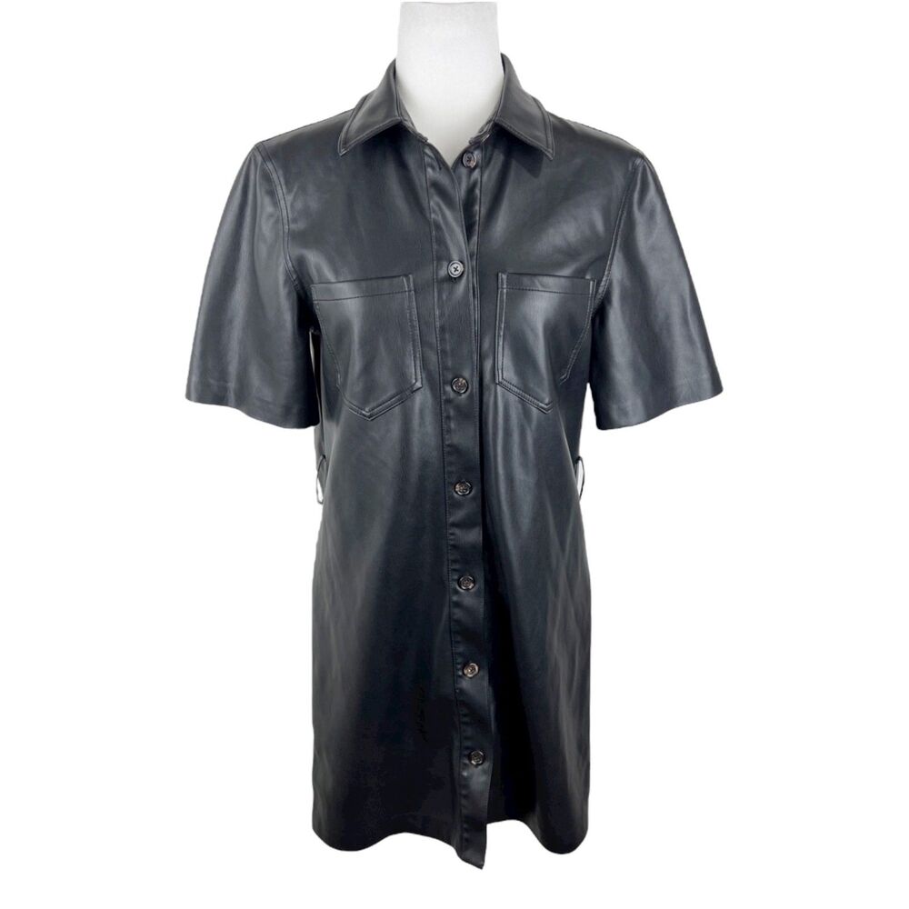 MNG Mango Vegan Leather Mini Dress Women 4 Black Button Up Collared Casual